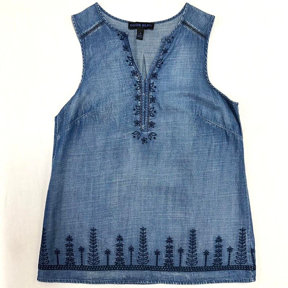 Code Bleu Blue Denim V Neck Tank Floral Embroidery Sz S Fairy Boho Hippie Whimsy